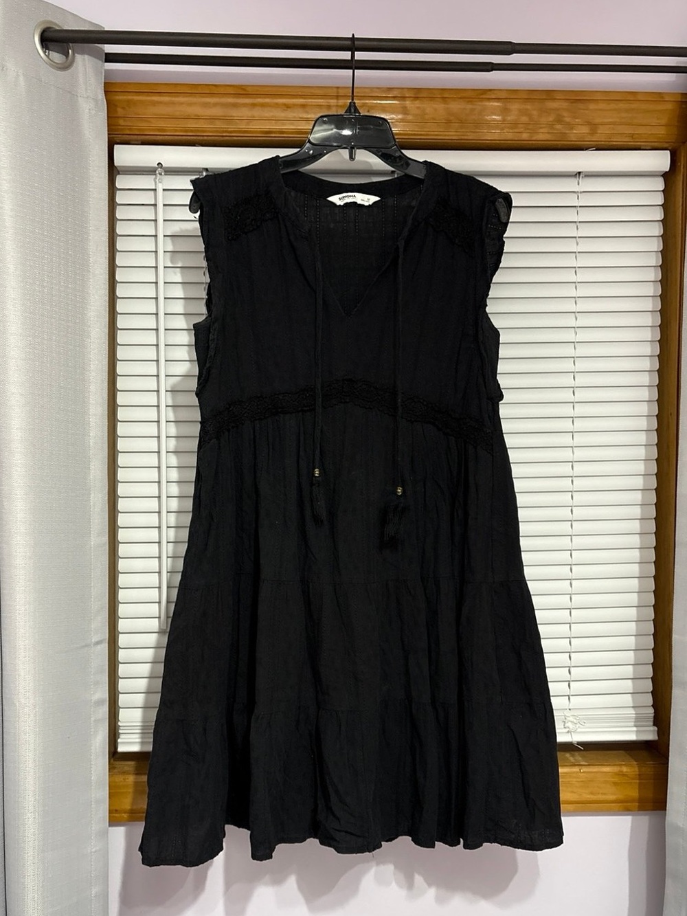 Sonoma Black Sleeveless Mini Dress With Lace and Front Tassel Details
